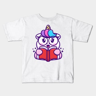 Cute unicorn reading book cartoon Kids T-Shirt